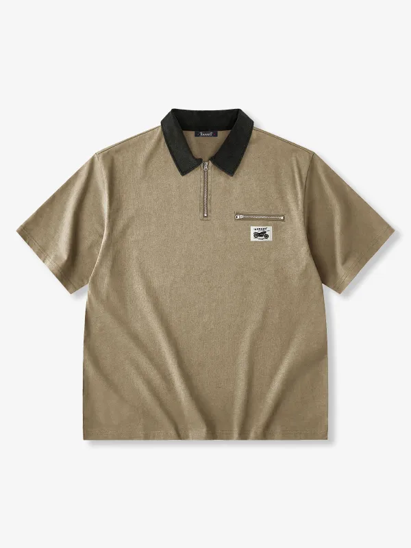 [Pre-Order] Color-Block Collar Half-Zip Polo Shirt with Zip Pocket Detail made by Karaku