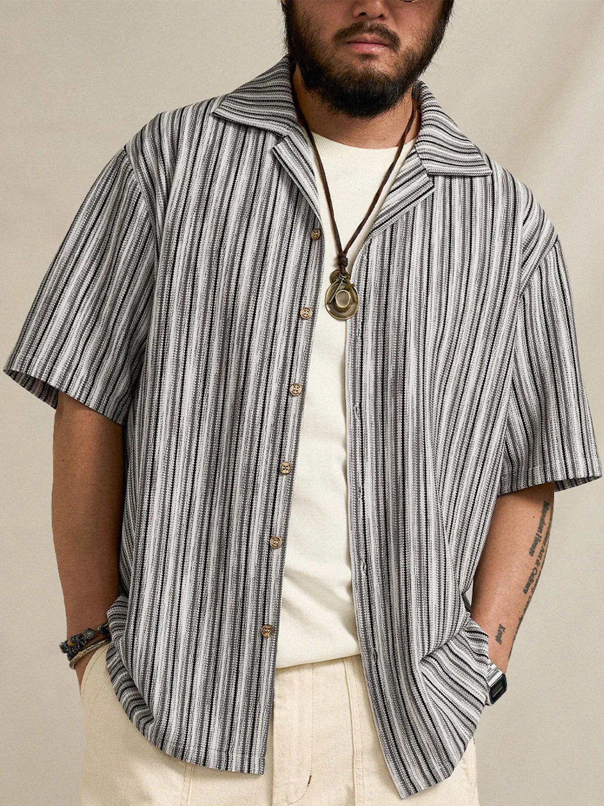 Multi-Stripe Jacquard Cuban Collar Short-Sleeve Shirt sold by Karaku product image thumbnail 4