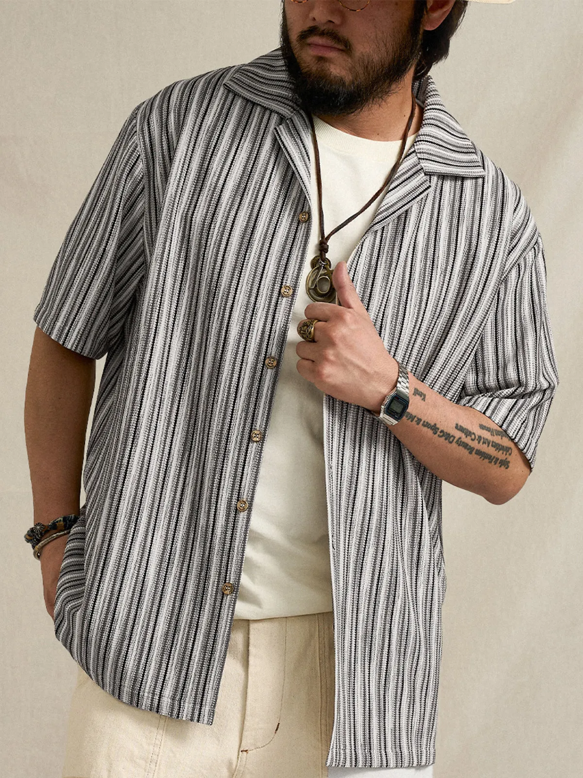 Multi-Stripe Jacquard Cuban Collar Short-Sleeve Shirt sold by Karaku product image thumbnail 5