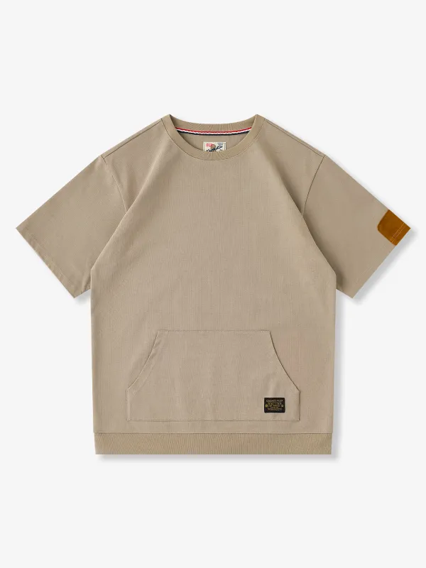 [Pre-Order] Cotton T-Shirt with Suede Sleeve Patches & Kangaroo Pocket made by Karaku