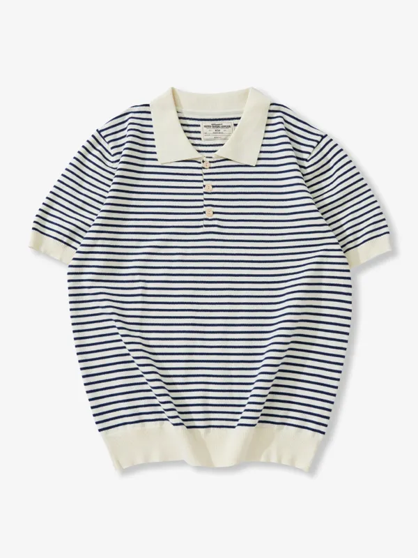 Retro Navy Fine-Striped Crew-Neck Knit T-Shirt made by Karaku