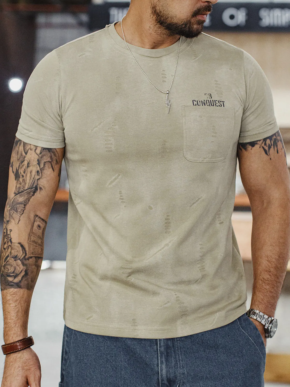 Retro Distressed Crew Neck Printed Knit T-shirt sold by Karaku product image thumbnail 4