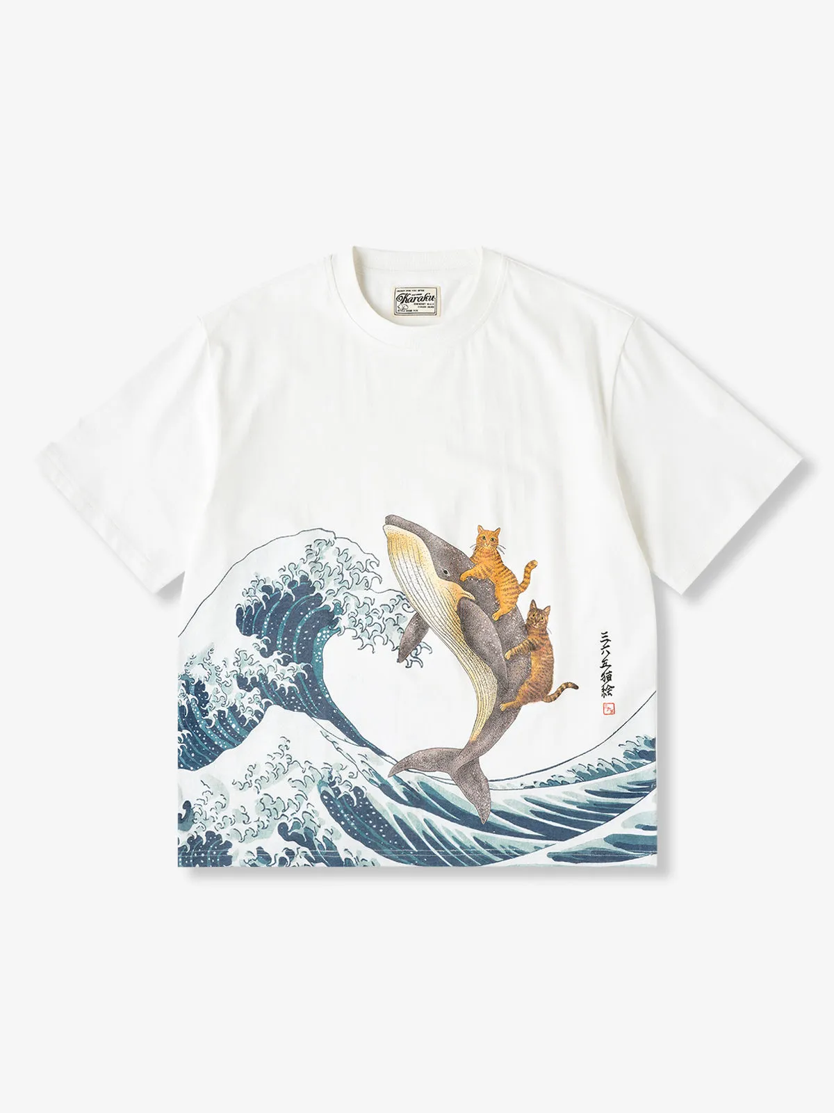 KaraKu × 365CAT.ART “Cat Swimming with Whale” Ukiyo-e Cotton Tee sold by Karaku