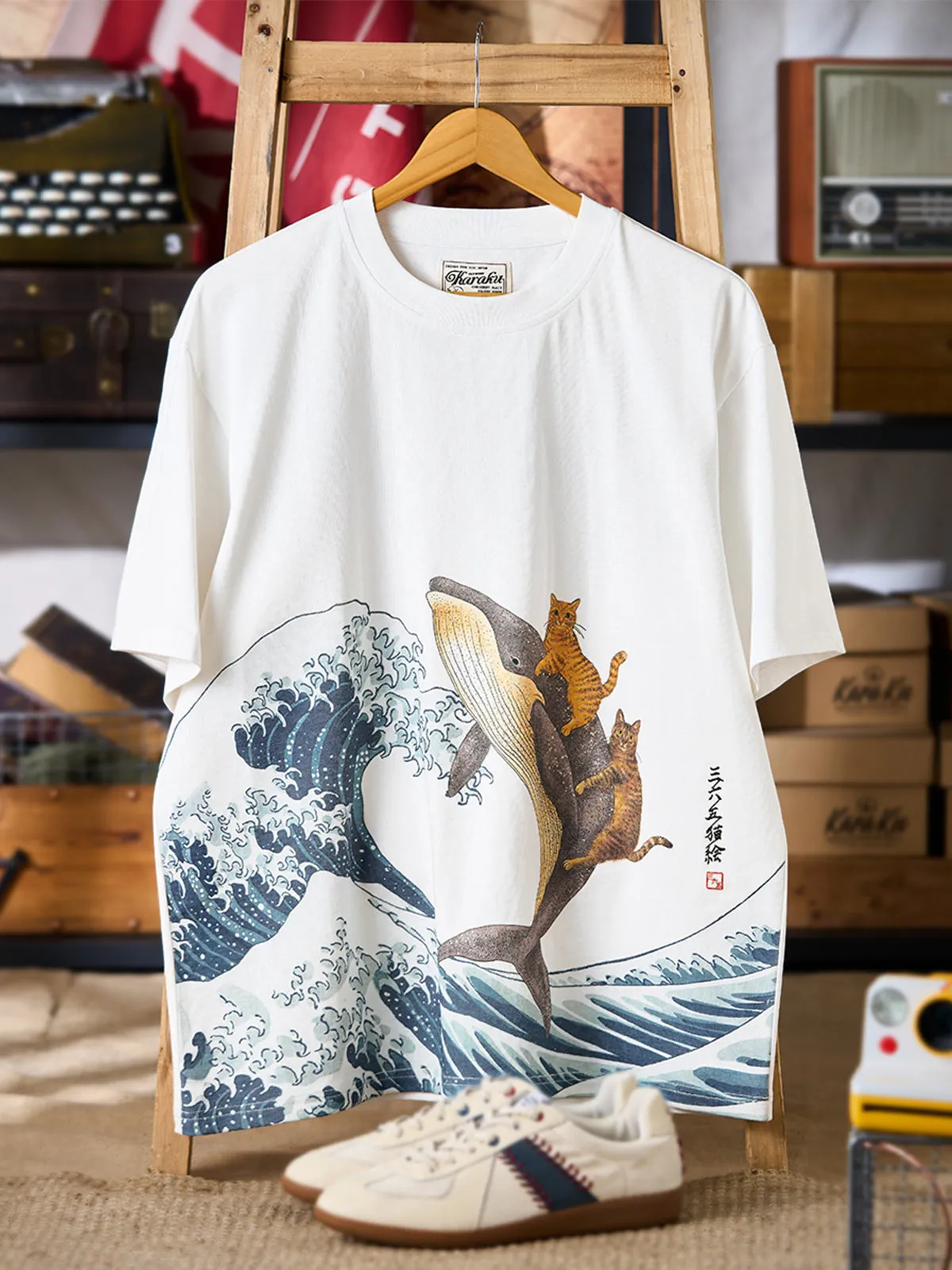 KaraKu × 365CAT.ART “Cat Swimming with Whale” Ukiyo-e Cotton Tee sold by Karaku product image thumbnail 3