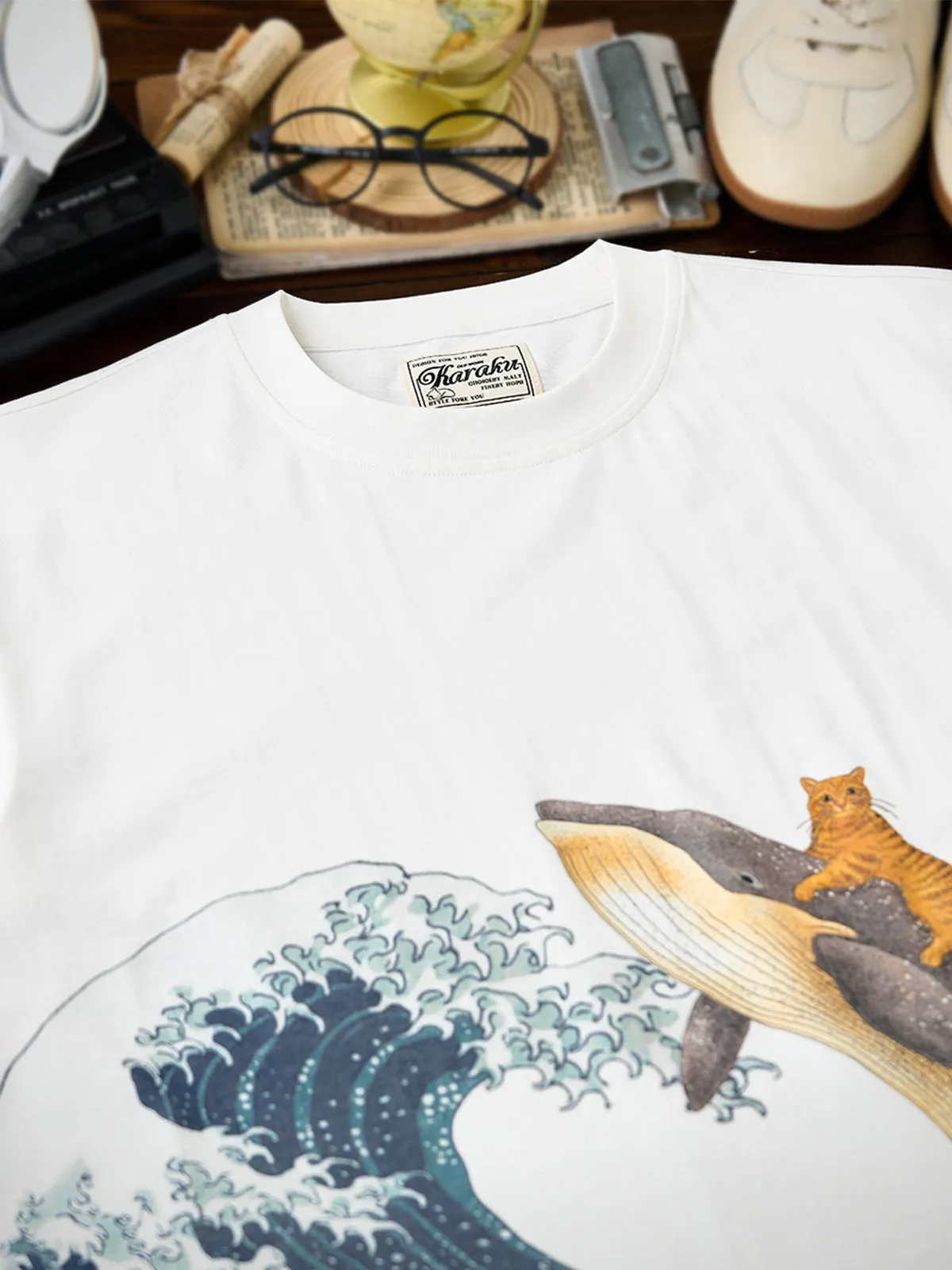 KaraKu × 365CAT.ART “Cat Swimming with Whale” Ukiyo-e Cotton Tee sold by Karaku product image thumbnail 5