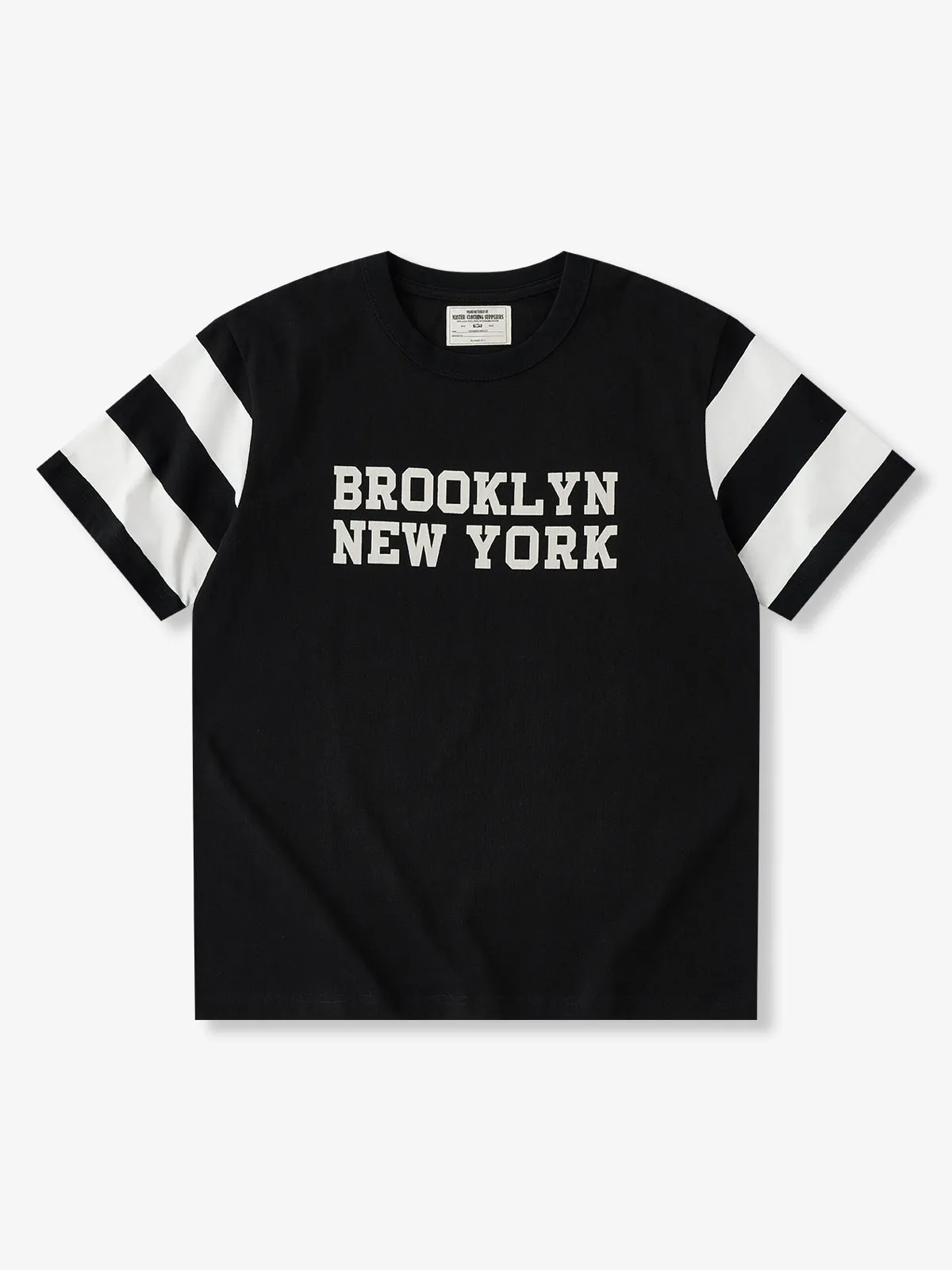 Heavyweight Moto-Inspired Lettering Crewneck Colorblock Stripe Sleeve T-Shirt sold by Karaku product image thumbnail 2