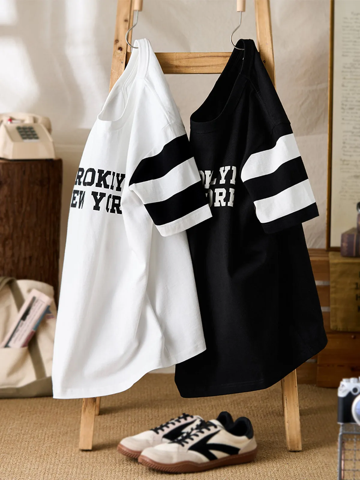 Heavyweight Moto-Inspired Lettering Crewneck Colorblock Stripe Sleeve T-Shirt sold by Karaku product image thumbnail 4