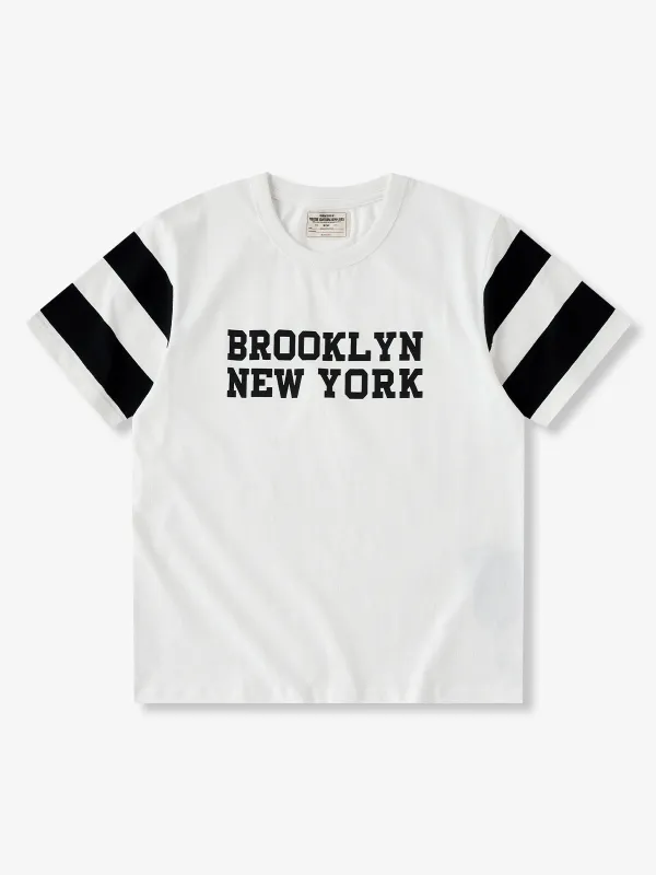 Heavyweight Moto-Inspired Lettering Crewneck Colorblock Stripe Sleeve T-Shirt made by Karaku