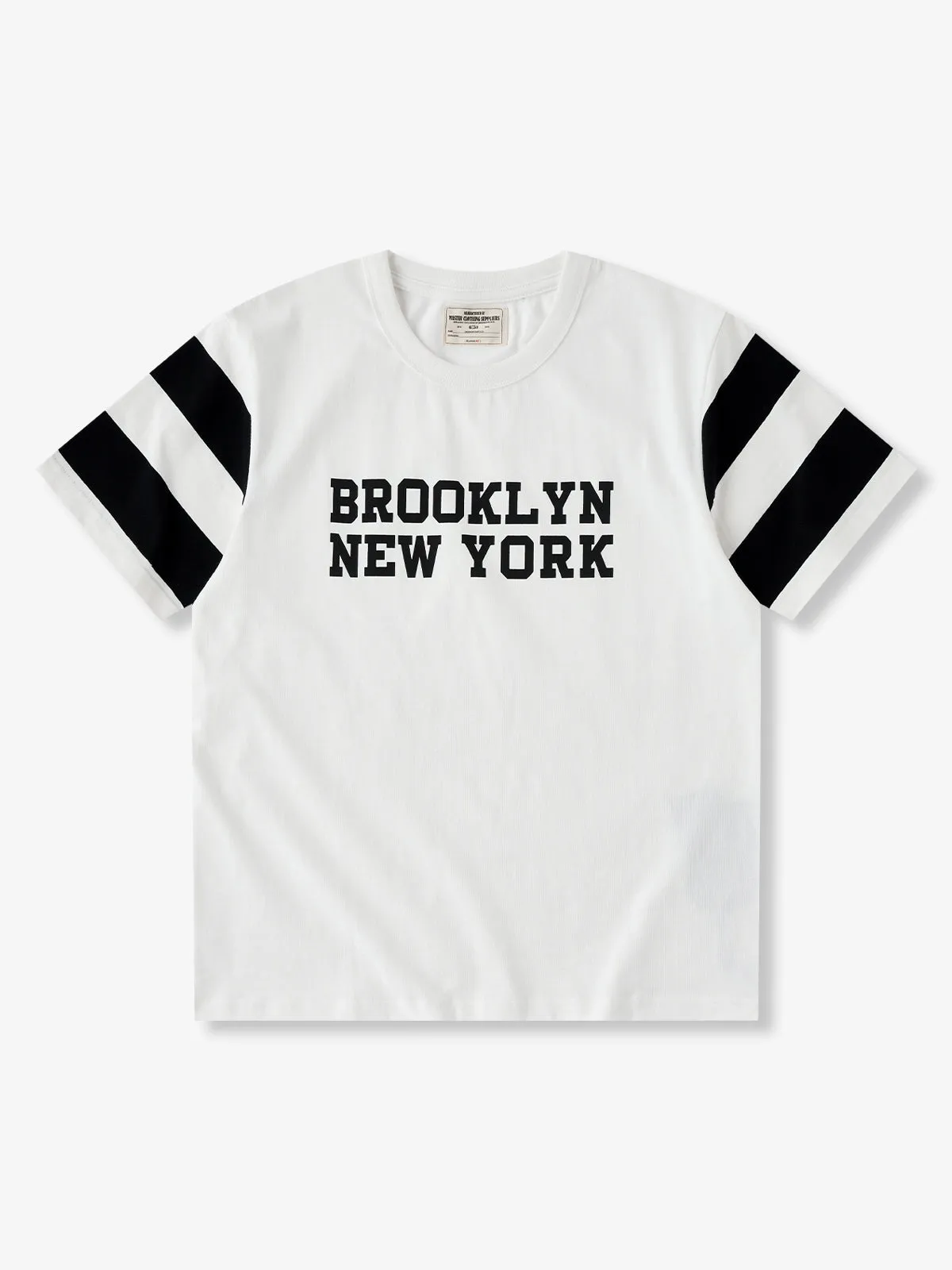 Heavyweight Moto-Inspired Lettering Crewneck Colorblock Stripe Sleeve T-Shirt sold by Karaku