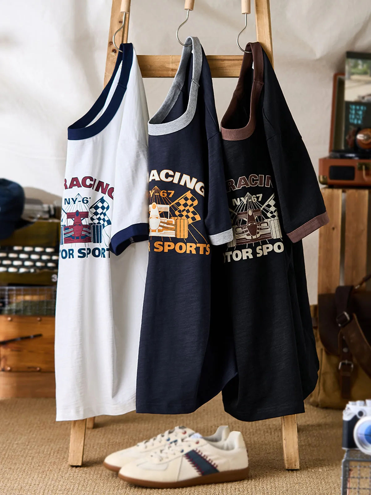 Heavyweight Slub Cotton Contrast Rib Vintage Racing Short Sleeve T-Shirt sold by Karaku product image thumbnail 5