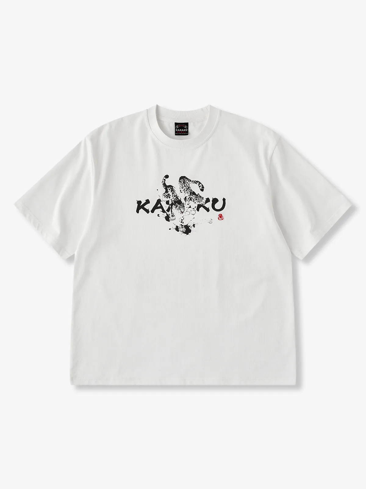 Karaku × Satoshi Kawamata “Snow Leopard – Ink Splashes Beneath Its Feet” Print & Embroidered Cotton Tee sold by Karaku
