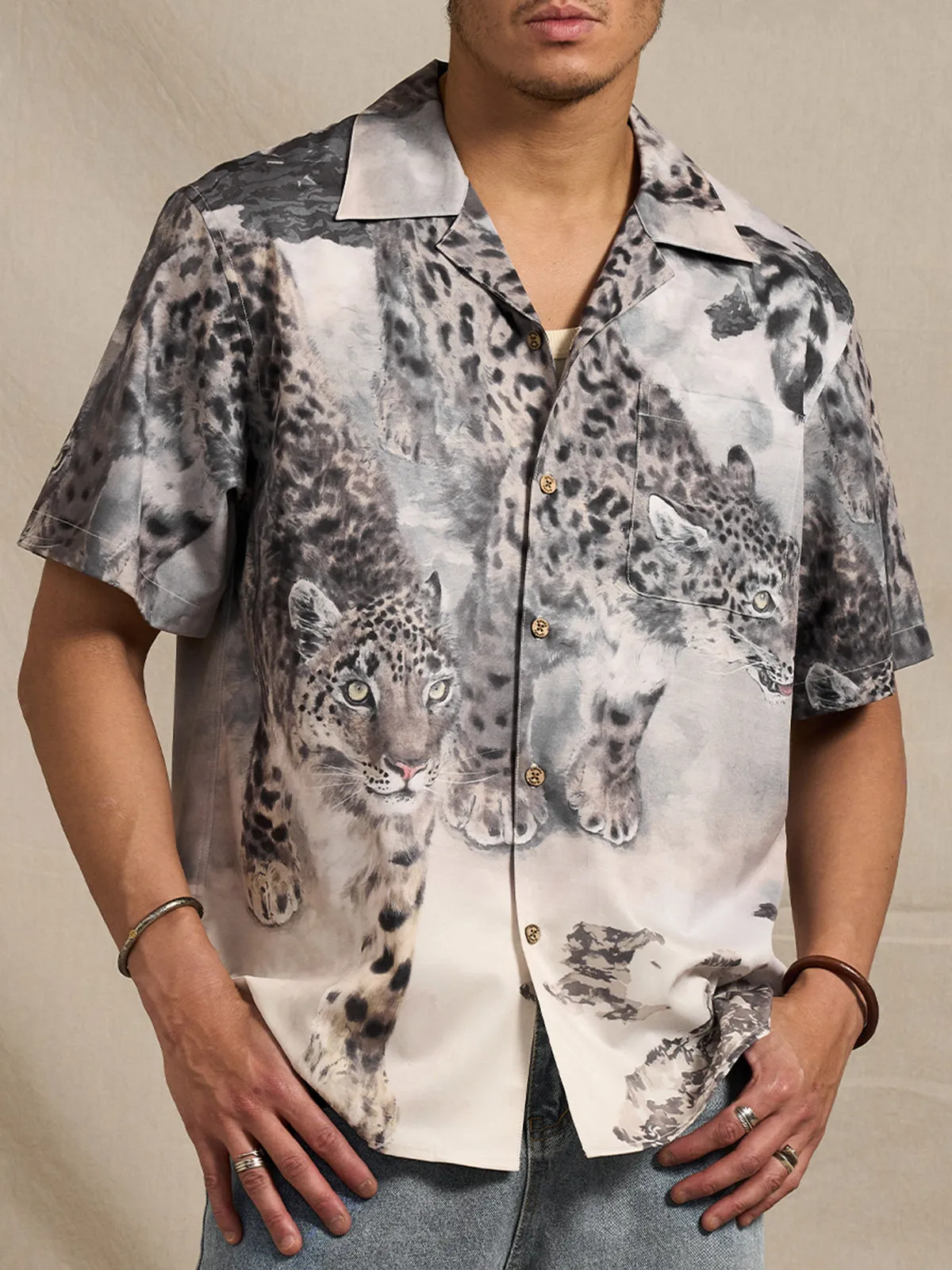 Karaku × Satoshi Kawamata “Snow Leopard” Print Aloha Shirt sold by Karaku product image thumbnail 5