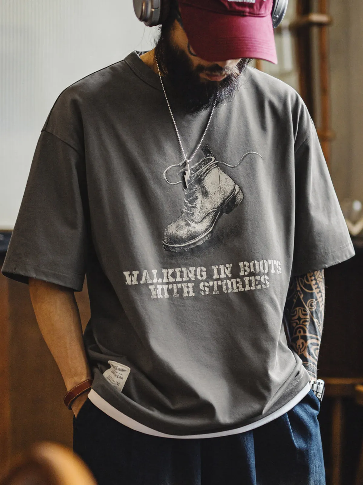 Vintage Workwear-Style Printed Distressed Crew-Neck Brushed T-Shirt sold by Karaku product image thumbnail 3