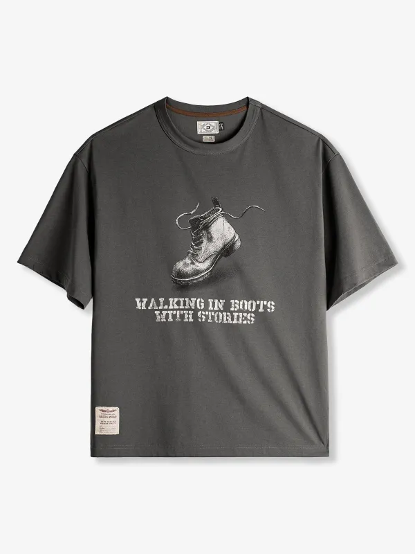 Vintage Workwear-Style Printed Distressed Crew-Neck Brushed T-Shirt made by Karaku