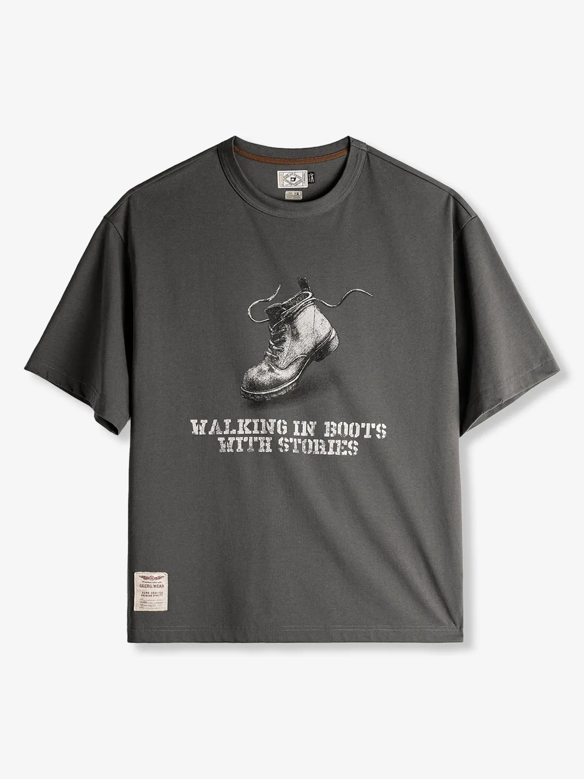 Vintage Workwear-Style Printed Distressed Crew-Neck Brushed T-Shirt sold by Karaku