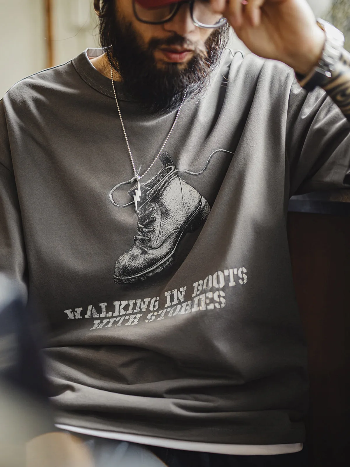 Vintage Workwear-Style Printed Distressed Crew-Neck Brushed T-Shirt sold by Karaku product image thumbnail 5