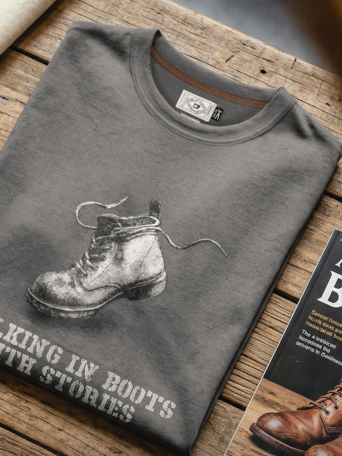 Vintage Workwear-Style Printed Distressed Crew-Neck Brushed T-Shirt sold by Karaku product image thumbnail 2