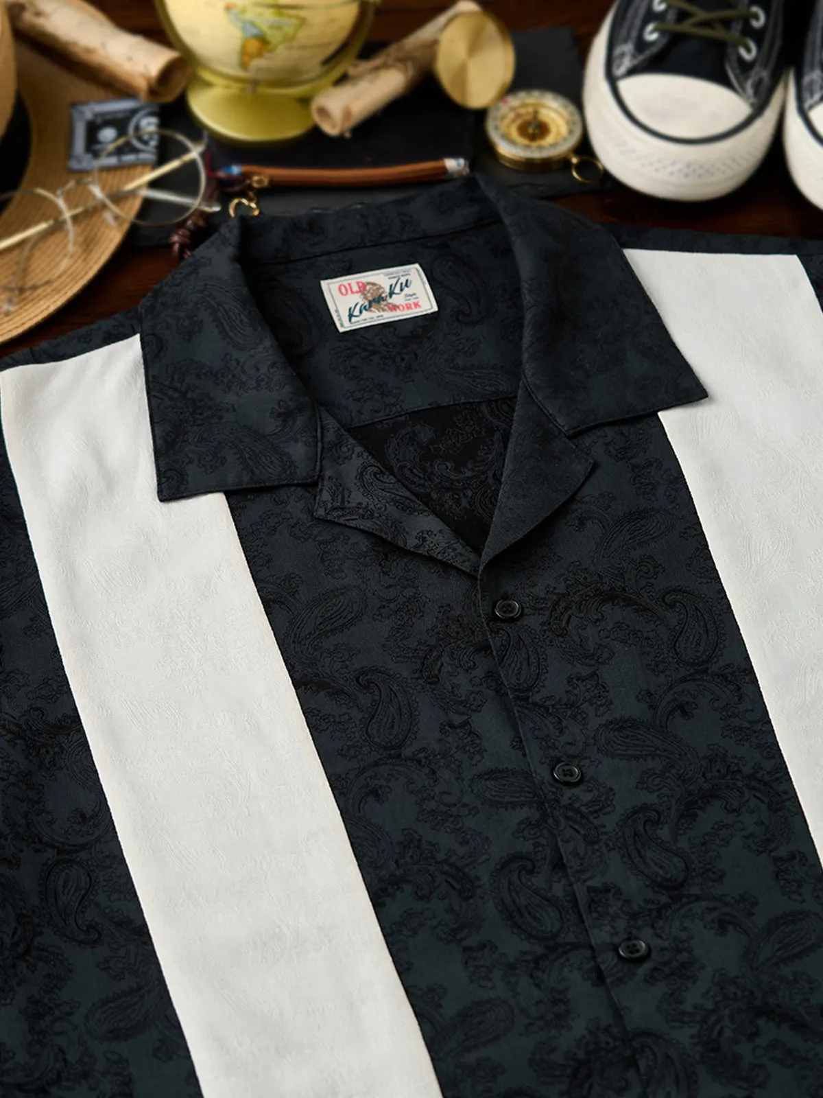 Paisley Jacquard White Panel Color-Block Triple-Blend Cuban Shirt sold by Karaku product image thumbnail 4