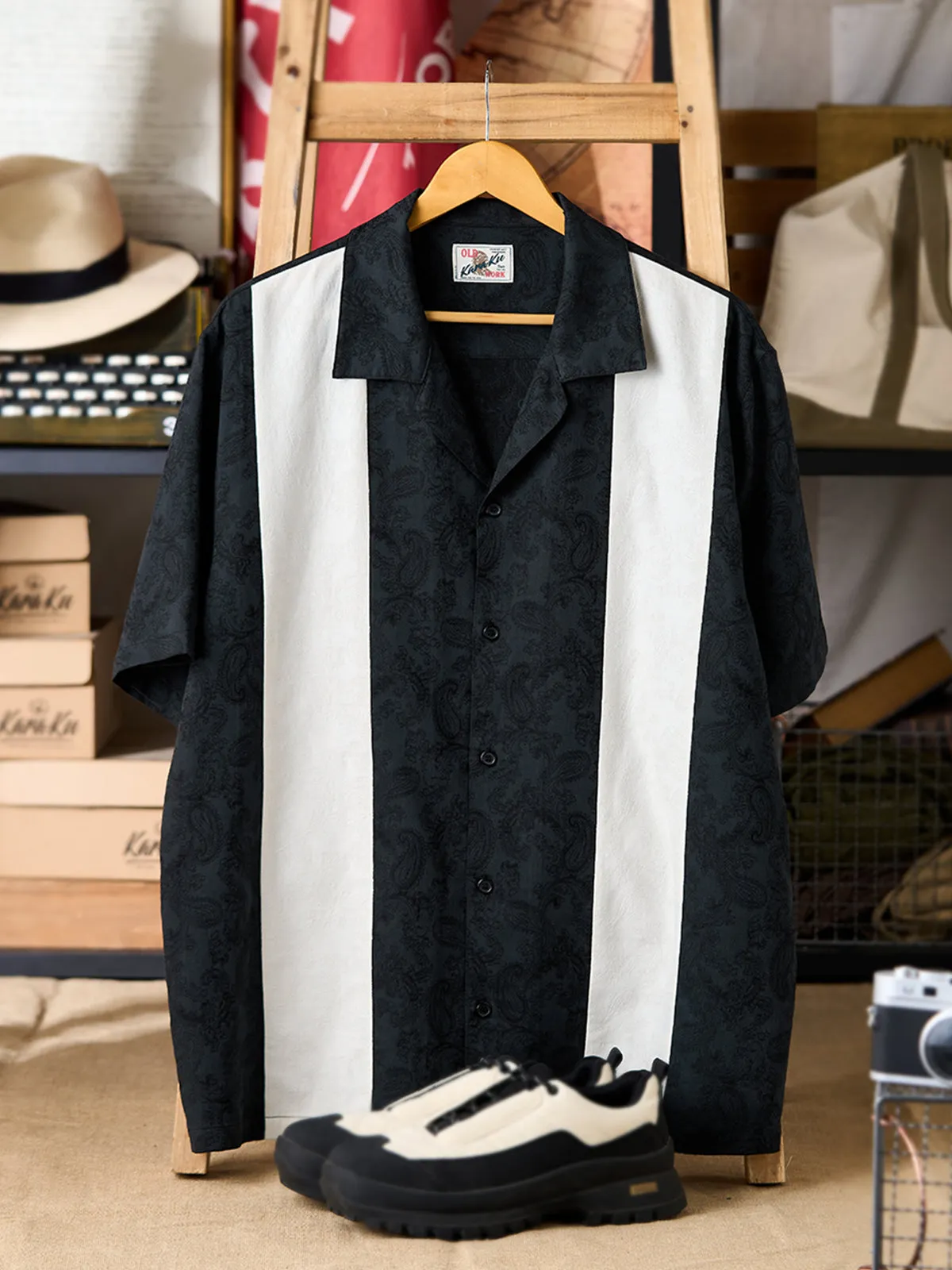 Paisley Jacquard White Panel Color-Block Triple-Blend Cuban Shirt sold by Karaku product image thumbnail 3