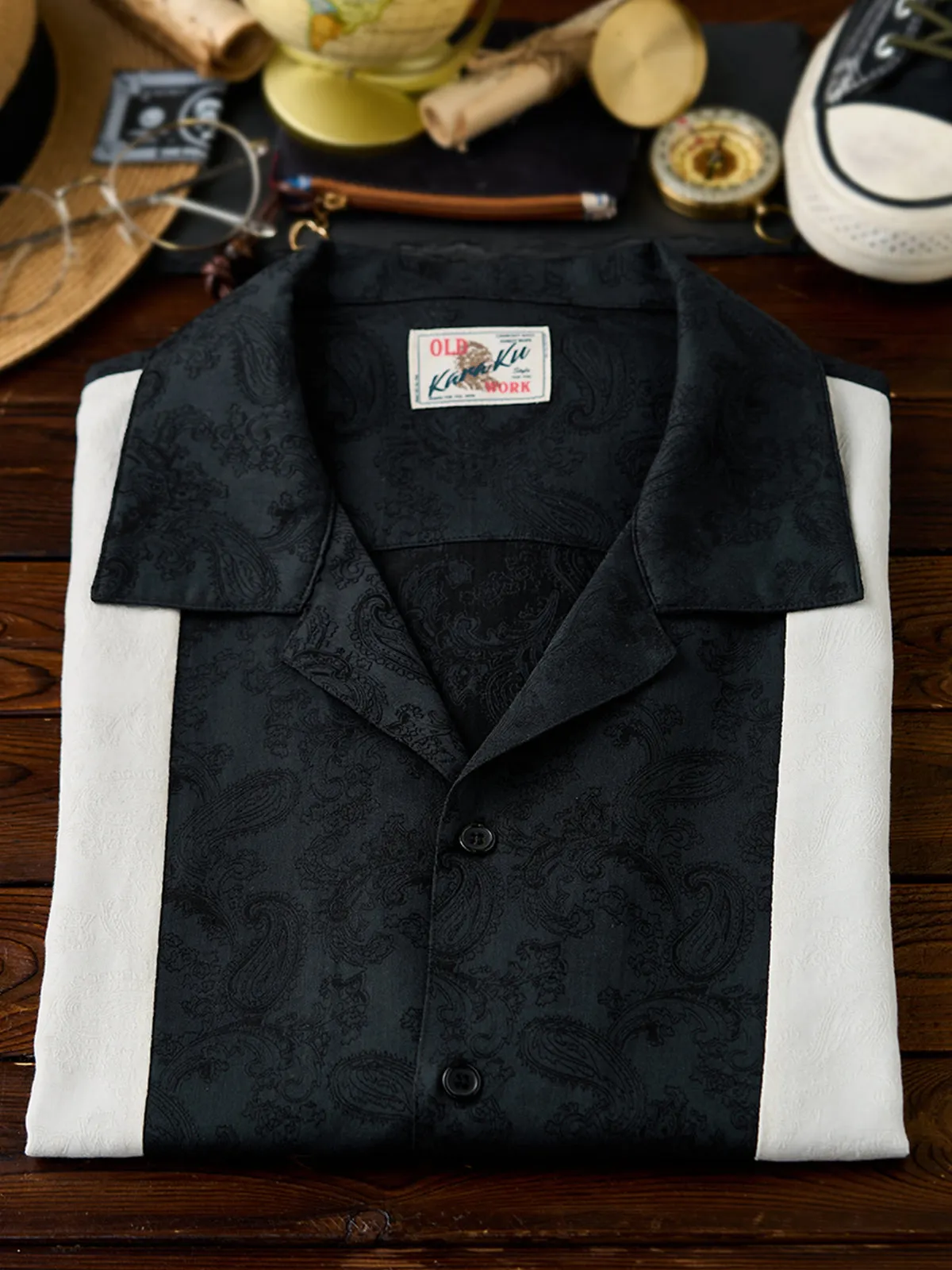 Paisley Jacquard White Panel Color-Block Triple-Blend Cuban Shirt sold by Karaku product image thumbnail 5