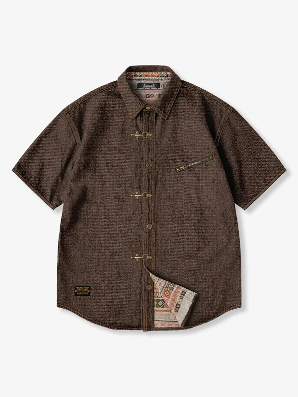 Denim Work Shirt with Hook Buttons & Ethnic Pattern Inner Detail made by Karaku