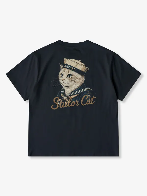 "Sailor Cat" Cotton Tee with Back Print made by Karaku