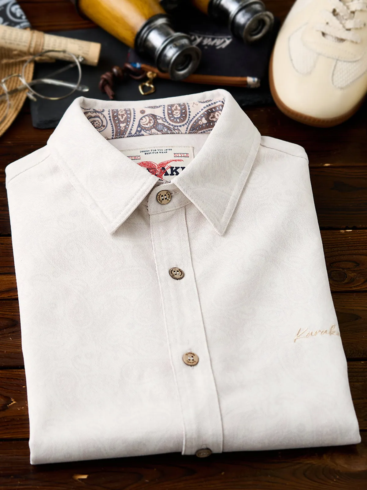 Paisley Lining Print KaraKu Embroidered Cotton Blend Twill Short Sleeve Shirt sold by Karaku product image thumbnail 5