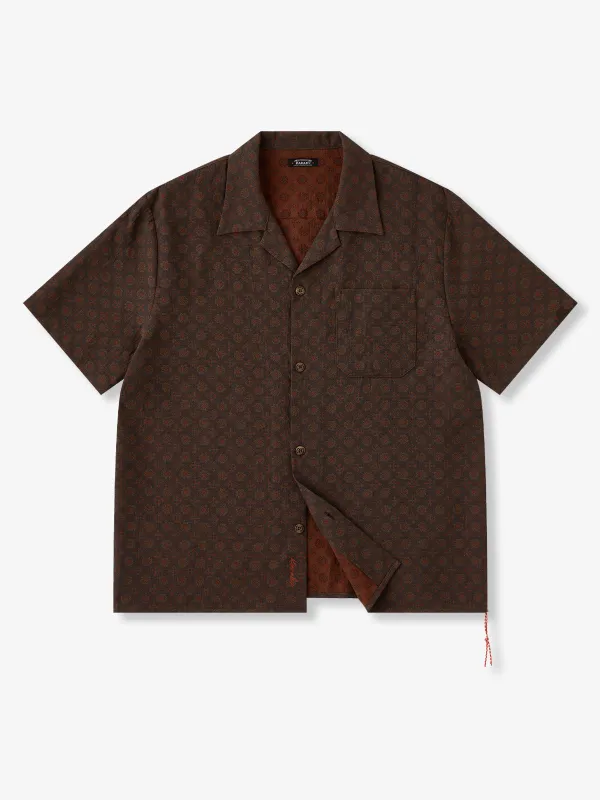 Cuban Collar Shirt with Red Drawstring and Reversible Ethnic Floral Jacquard Weave made by Karaku