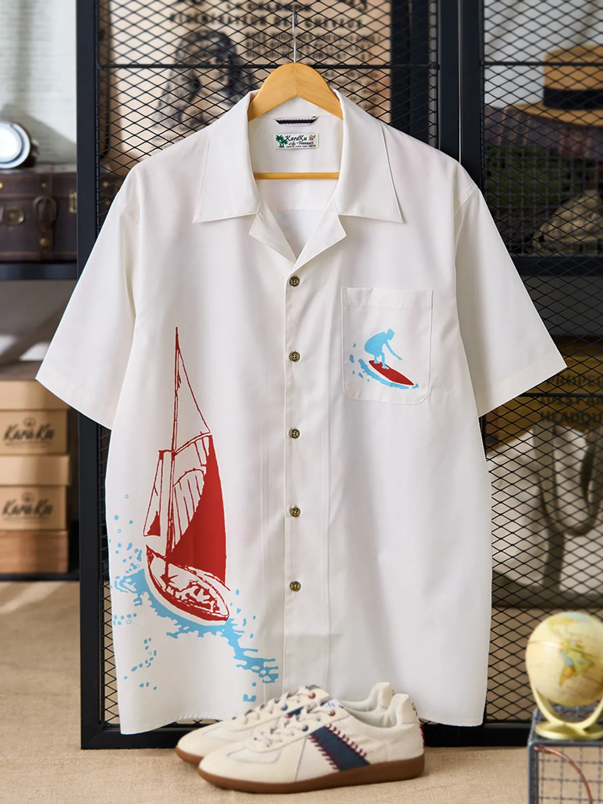 Surfer & Palm Tree Print Aloha Shirt sold by Karaku product image thumbnail 3