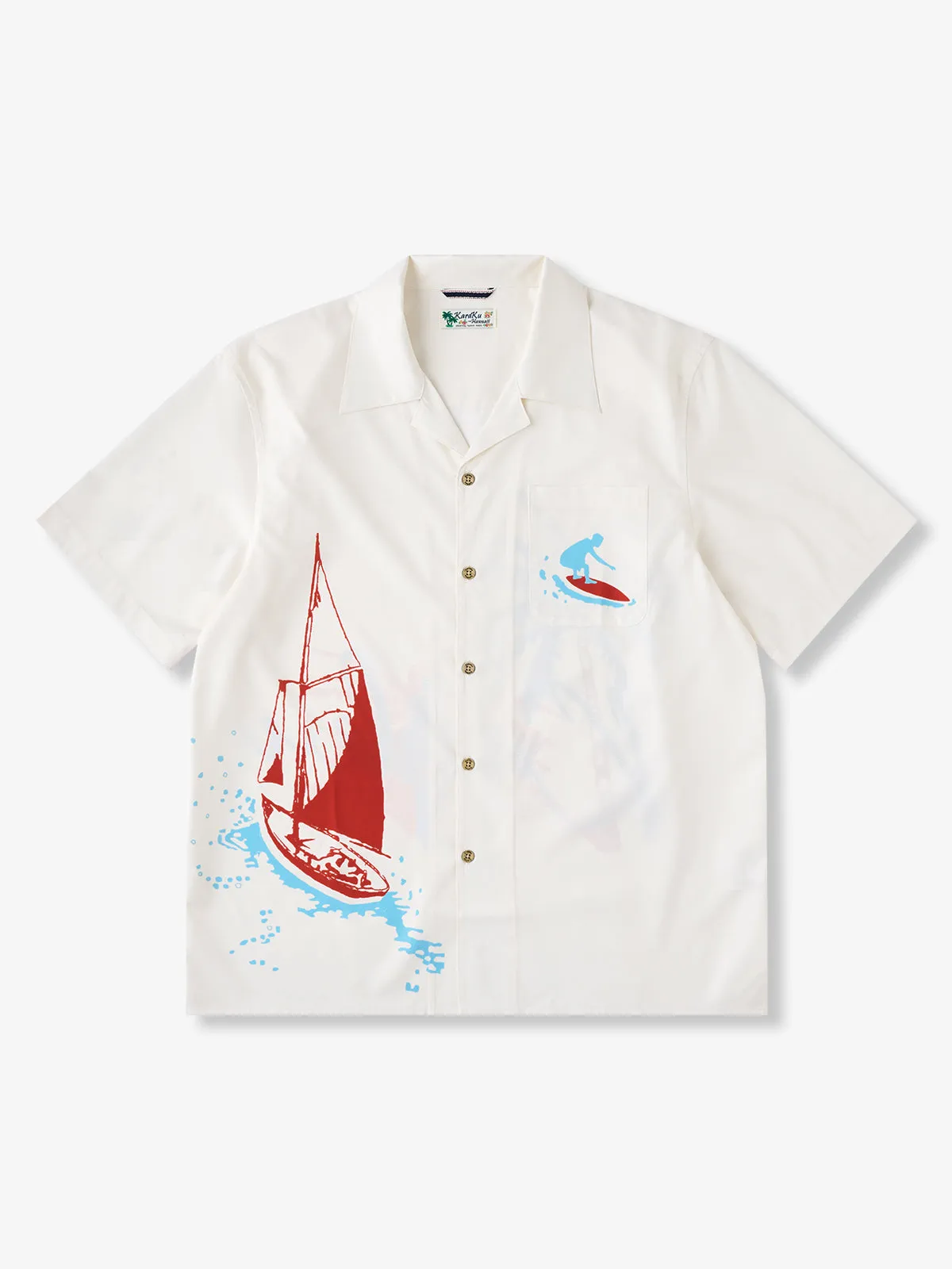 Surfer & Palm Tree Print Aloha Shirt sold by Karaku