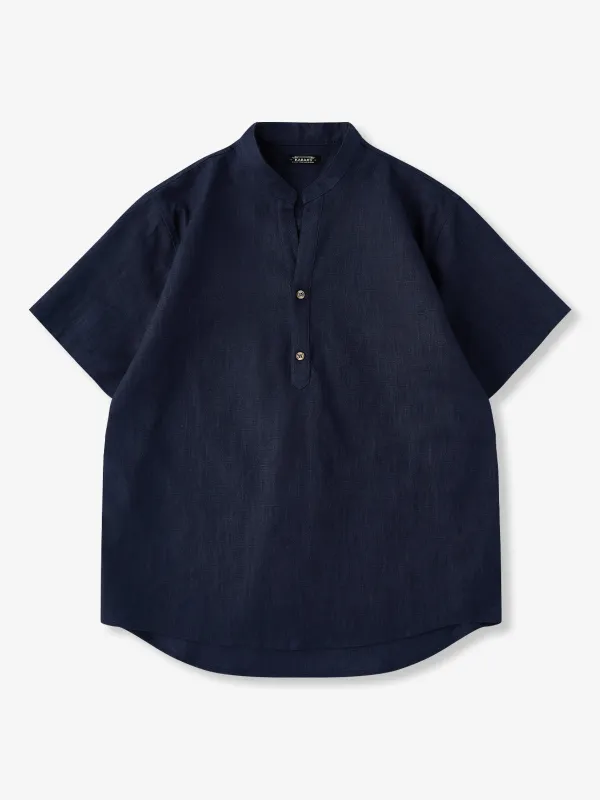 NAVY 2-Button V-Neck Cotton Linen Short Sleeve Shirt made by Karaku