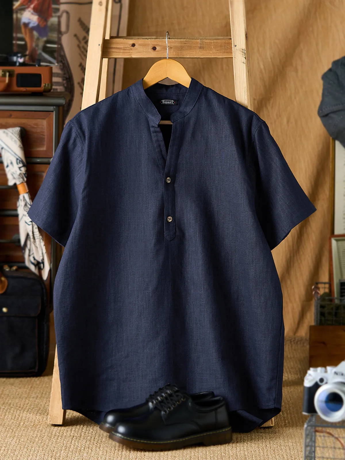 NAVY 2-Button V-Neck Cotton Linen Short Sleeve Shirt sold by Karaku product image thumbnail 3