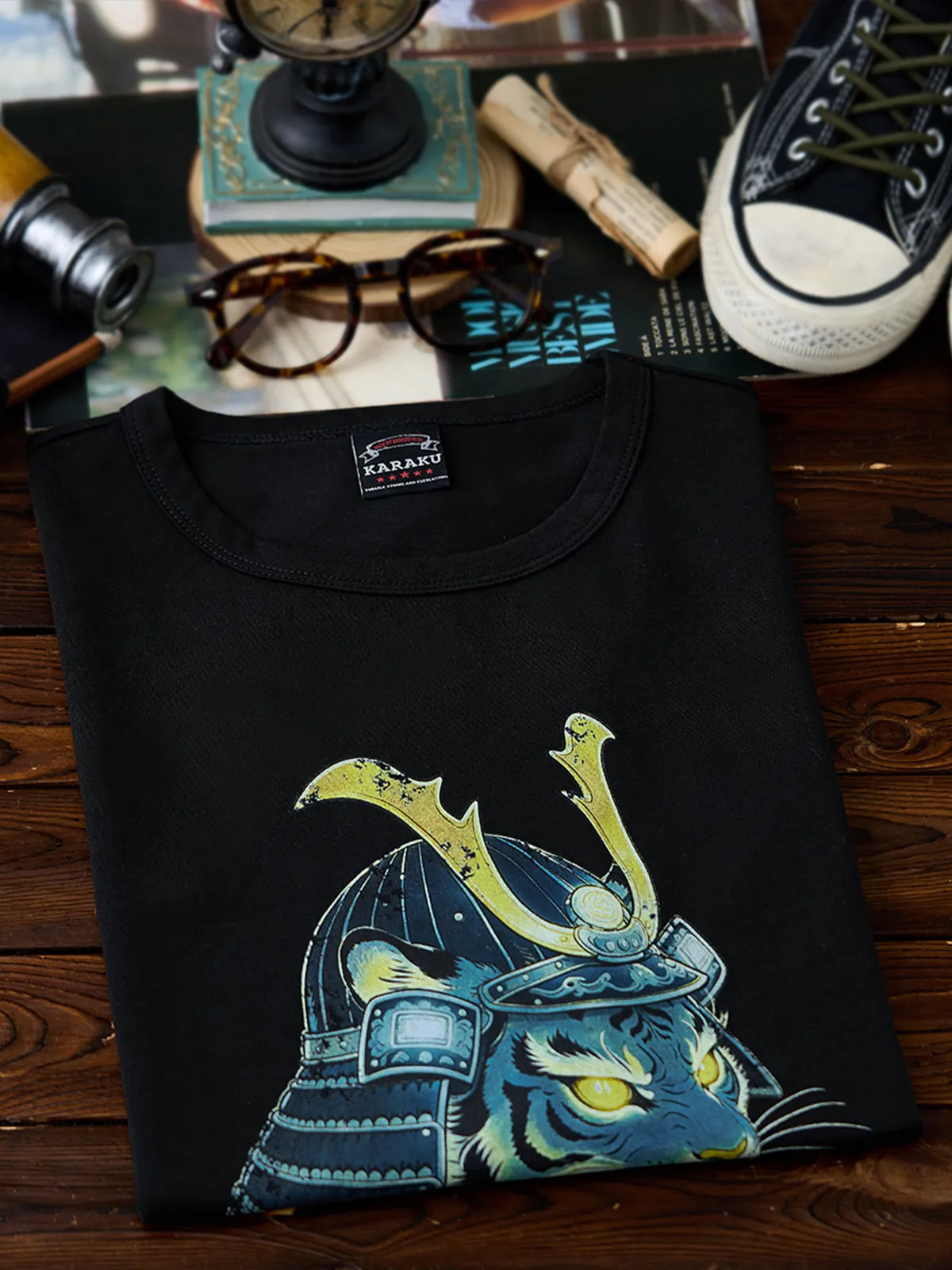 Glowing-Eyed Warrior Tiger Print Embroidered Cotton Tee sold by Karaku product image thumbnail 4