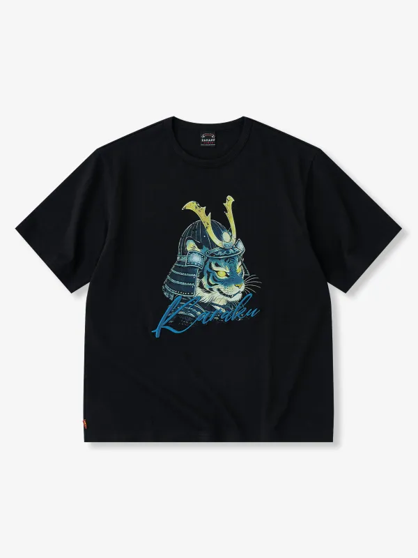 Glowing-Eyed Warrior Tiger Print Embroidered Cotton Tee made by Karaku