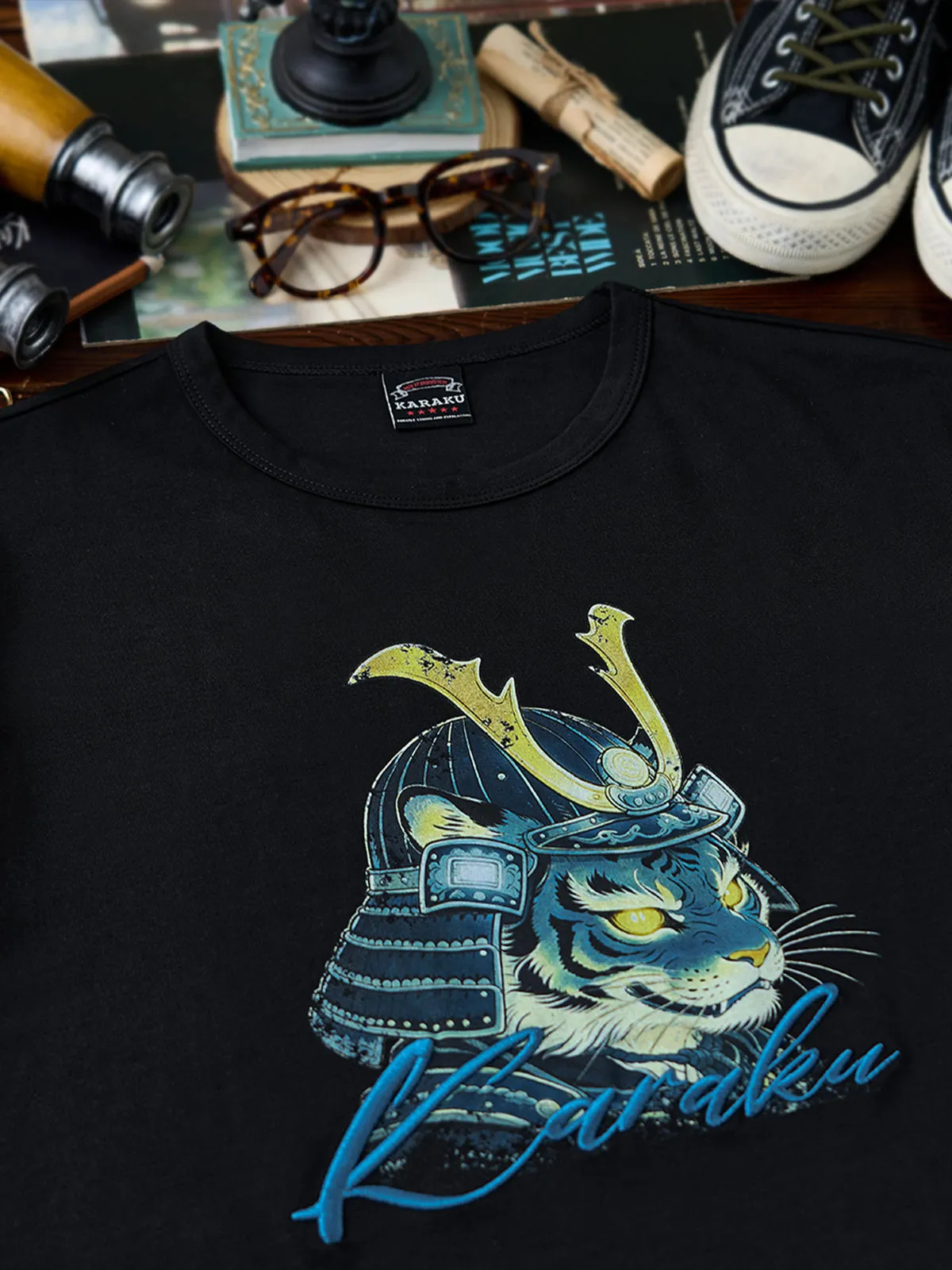 Glowing-Eyed Warrior Tiger Print Embroidered Cotton Tee sold by Karaku product image thumbnail 5