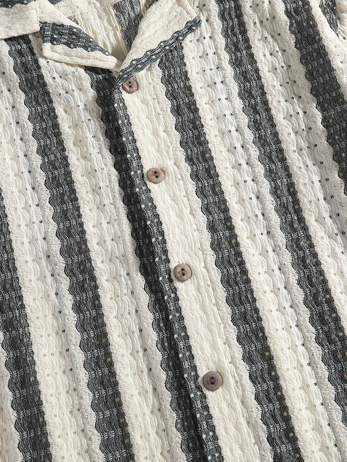Jacquard Stripe Openwork Short Sleeve Open-Collar Shirt sold by Karaku product image thumbnail 5