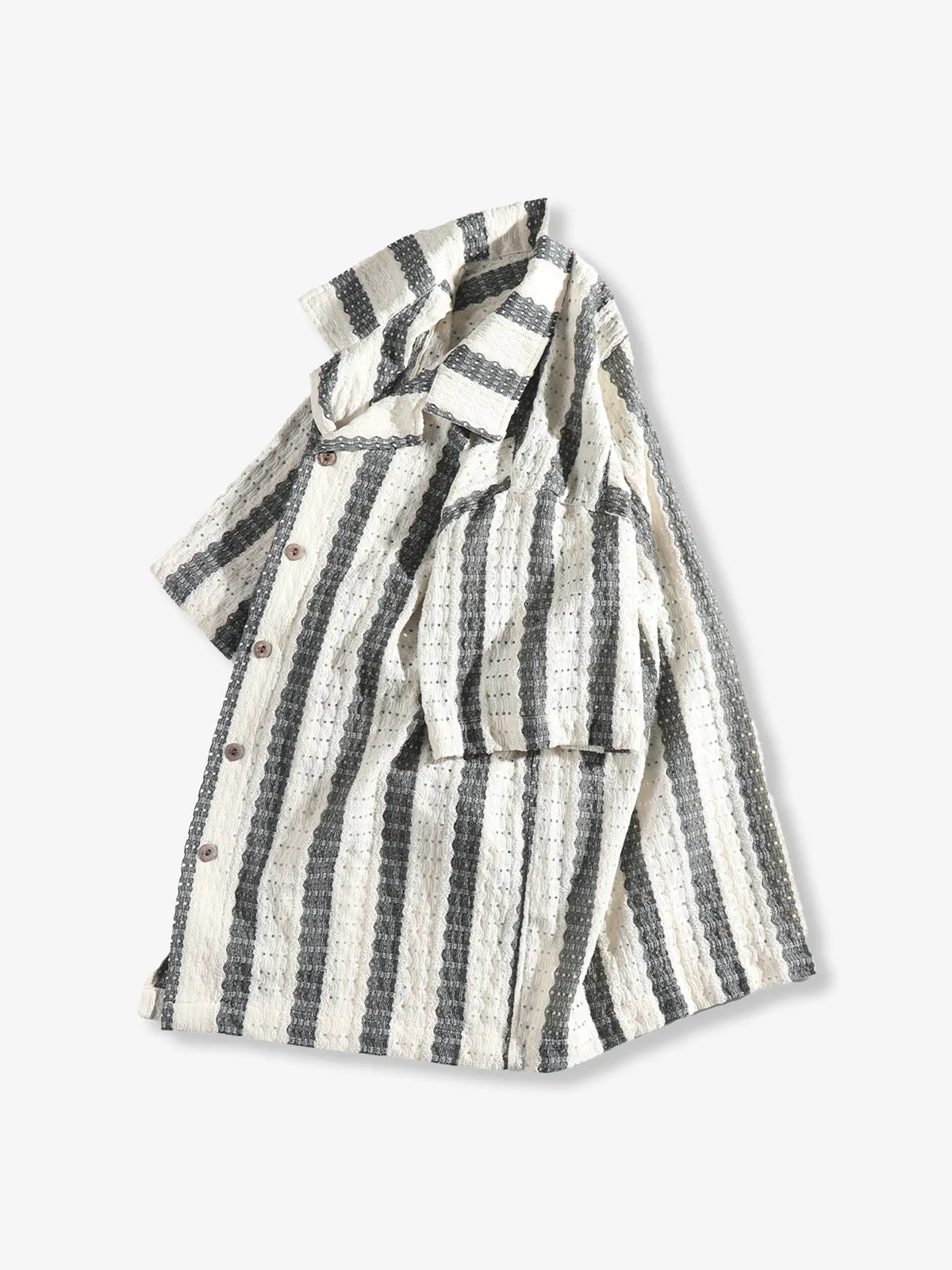 Jacquard Stripe Openwork Short Sleeve Open-Collar Shirt sold by Karaku product image thumbnail 3