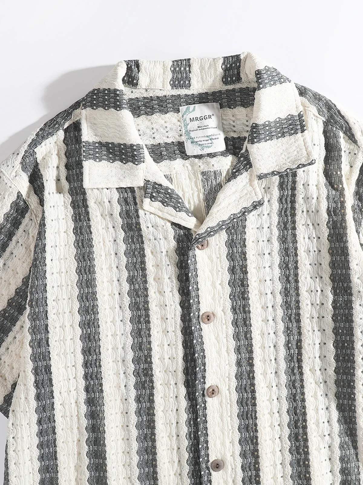 Jacquard Stripe Openwork Short Sleeve Open-Collar Shirt sold by Karaku product image thumbnail 4