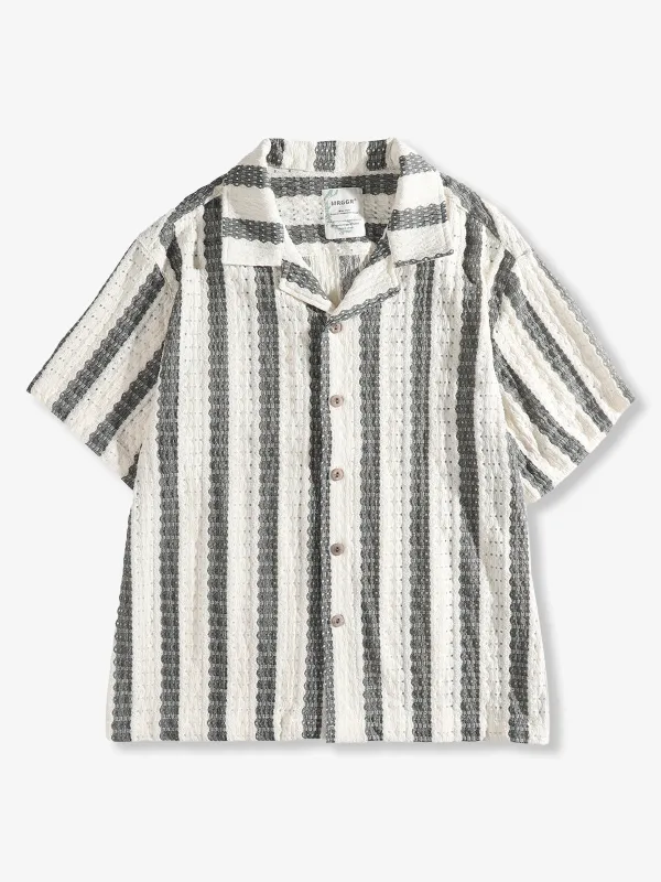 Jacquard Stripe Openwork Short Sleeve Open-Collar Shirt made by Karaku