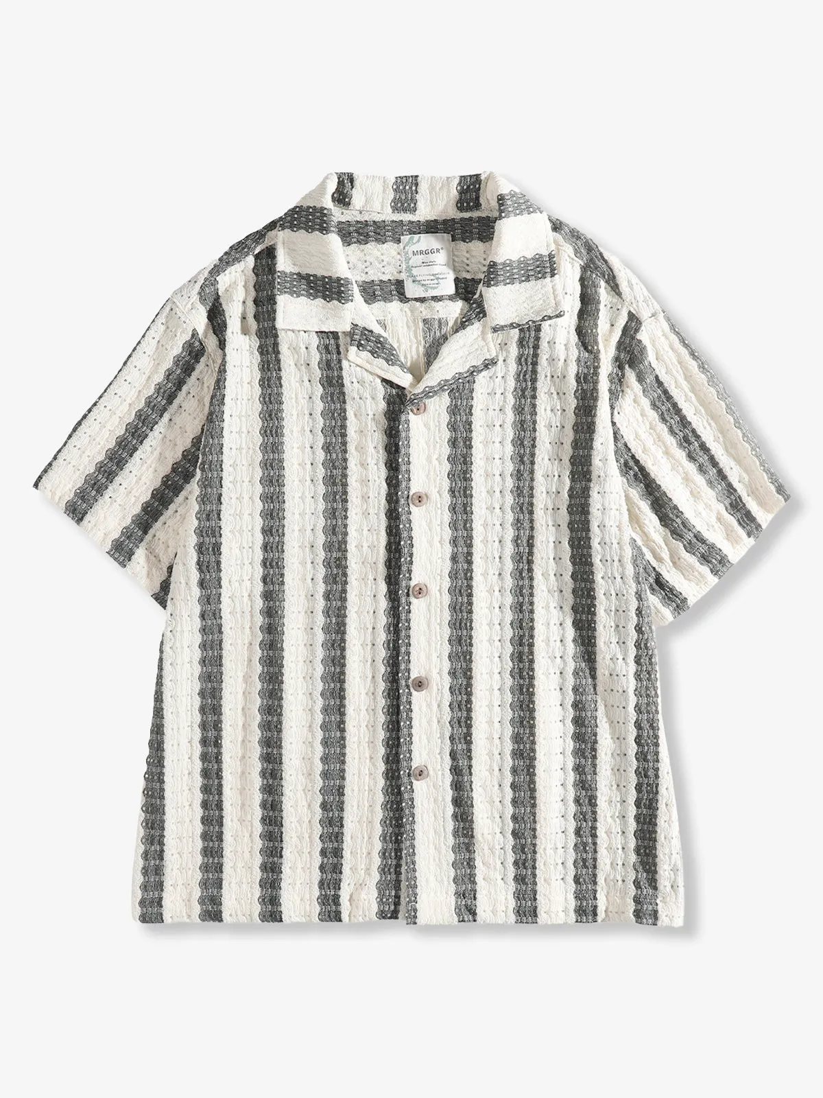 Jacquard Stripe Openwork Short Sleeve Open-Collar Shirt sold by Karaku