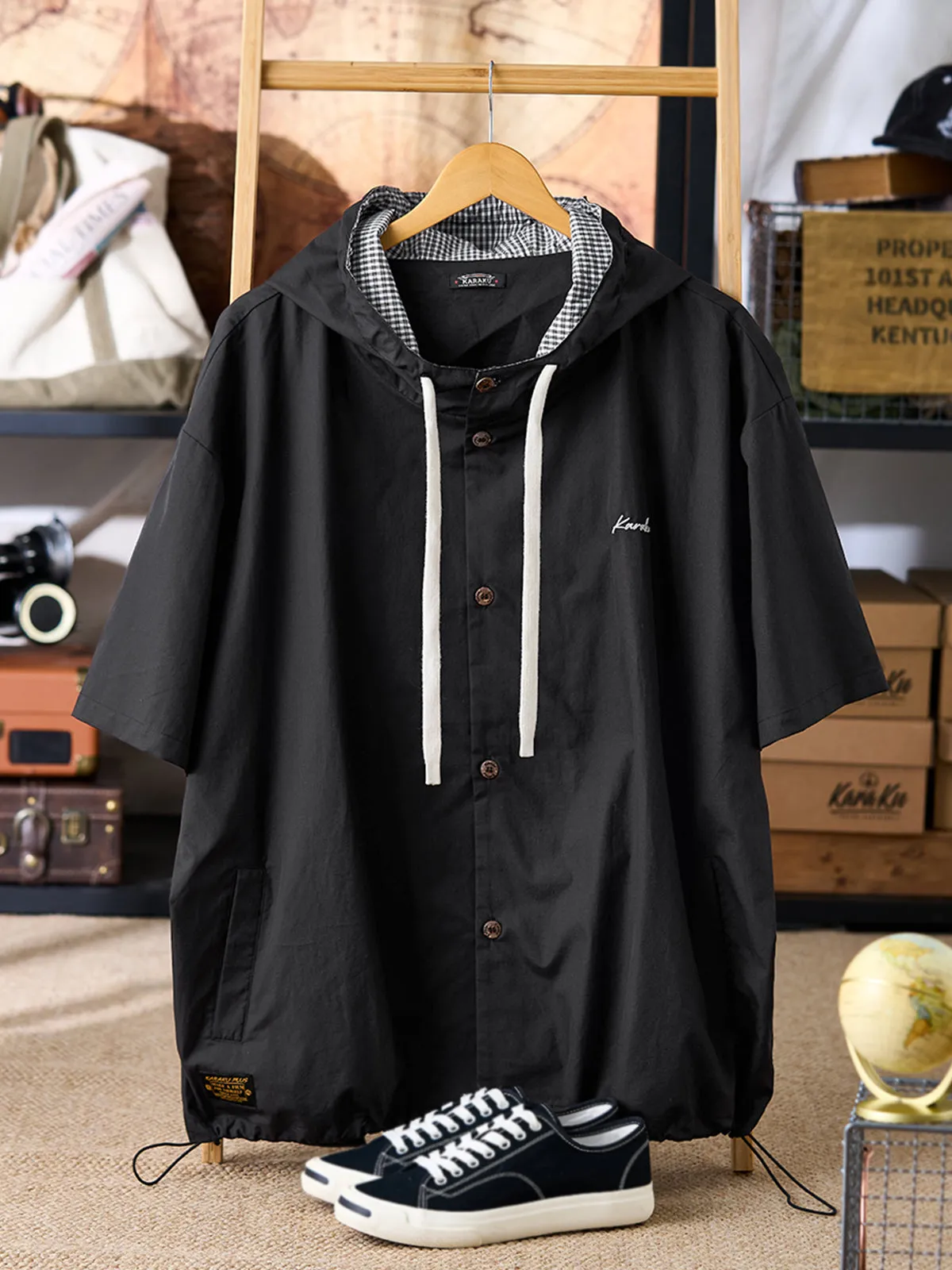 Urban Outdoor Hooded Shirt with Plaid Trim & Karaku Embroidery sold by Karaku product image thumbnail 3