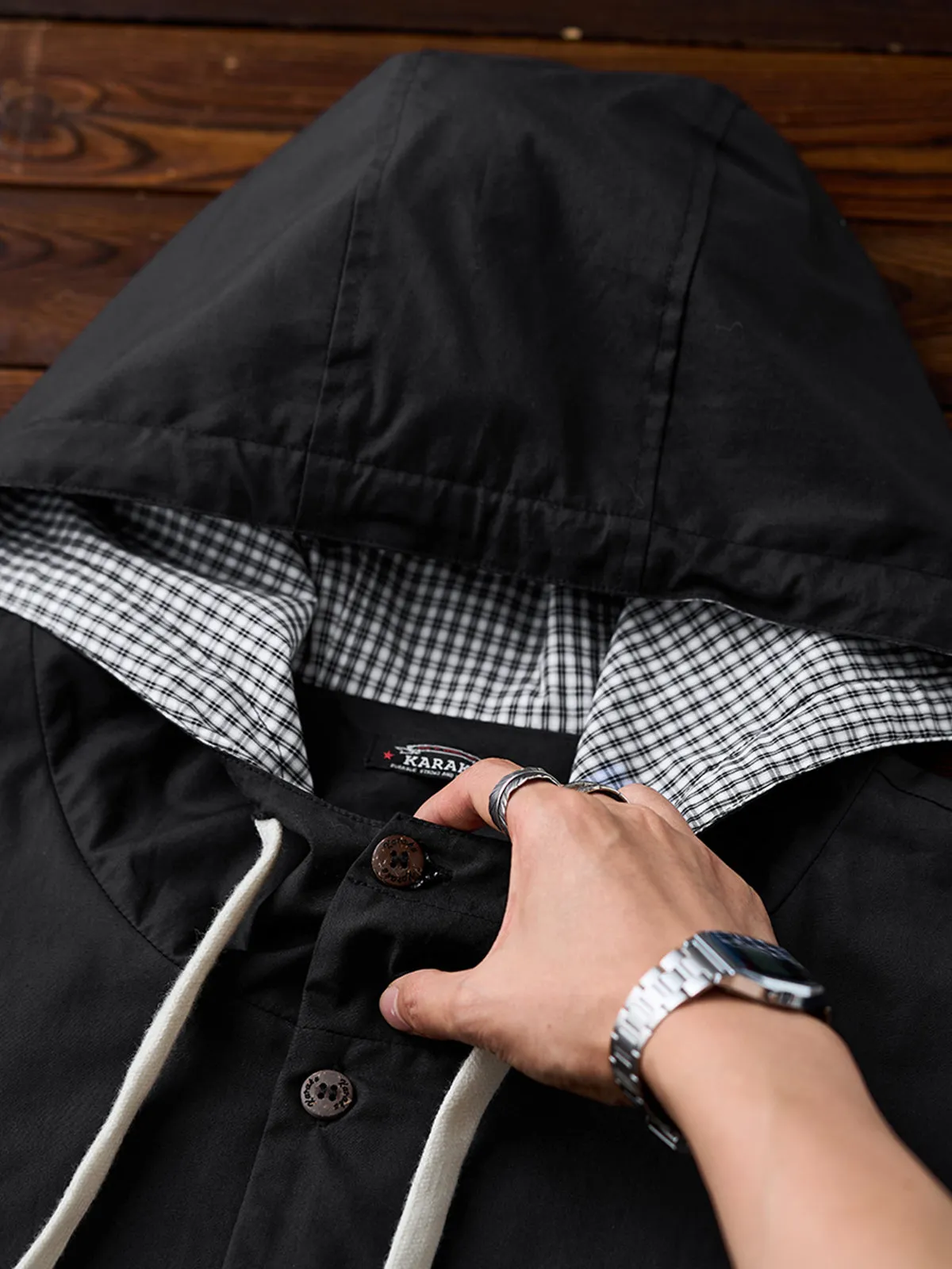 Urban Outdoor Hooded Shirt with Plaid Trim & Karaku Embroidery sold by Karaku product image thumbnail 5