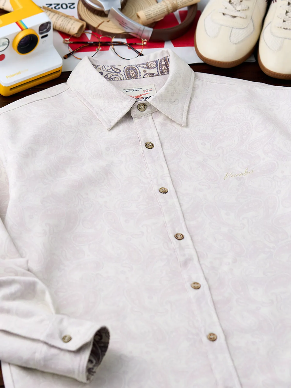 Cotton-Blend Twill Long Sleeve Shirt with Paisley Lining & KARAKU Embroidery sold by Karaku product image thumbnail 4