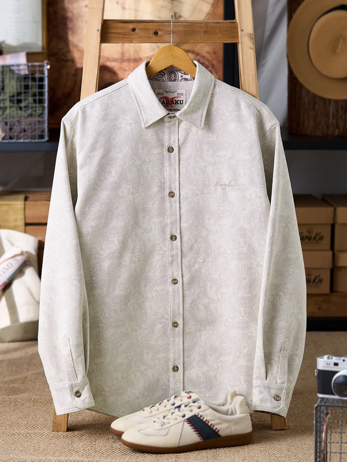 Cotton-Blend Twill Long Sleeve Shirt with Paisley Lining & KARAKU Embroidery sold by Karaku product image thumbnail 3