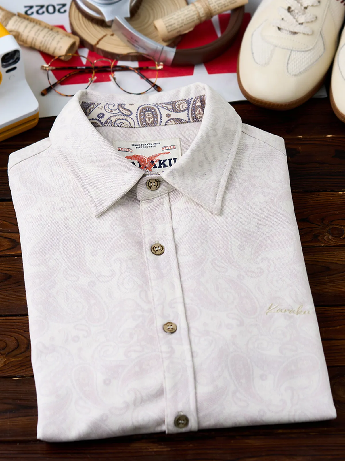 Cotton-Blend Twill Long Sleeve Shirt with Paisley Lining & KARAKU Embroidery sold by Karaku product image thumbnail 5