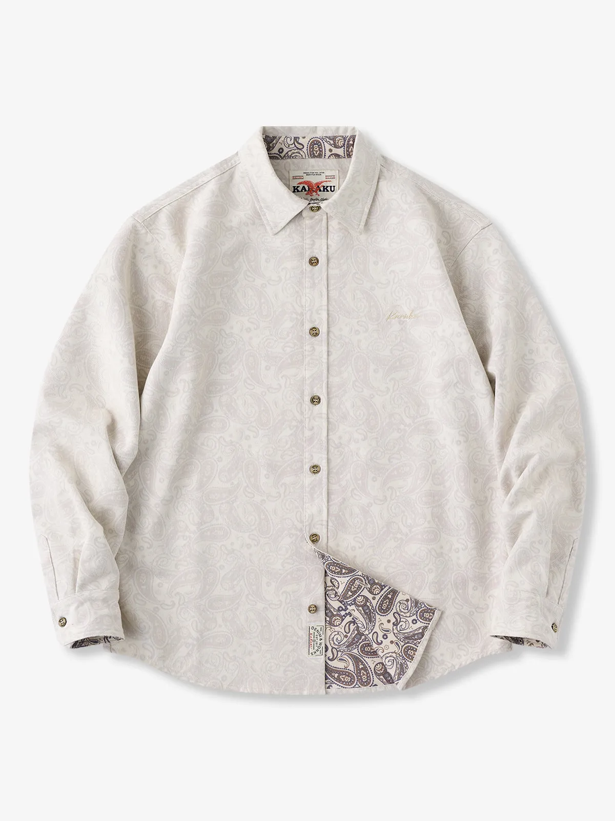 Cotton-Blend Twill Long Sleeve Shirt with Paisley Lining & KARAKU Embroidery sold by Karaku