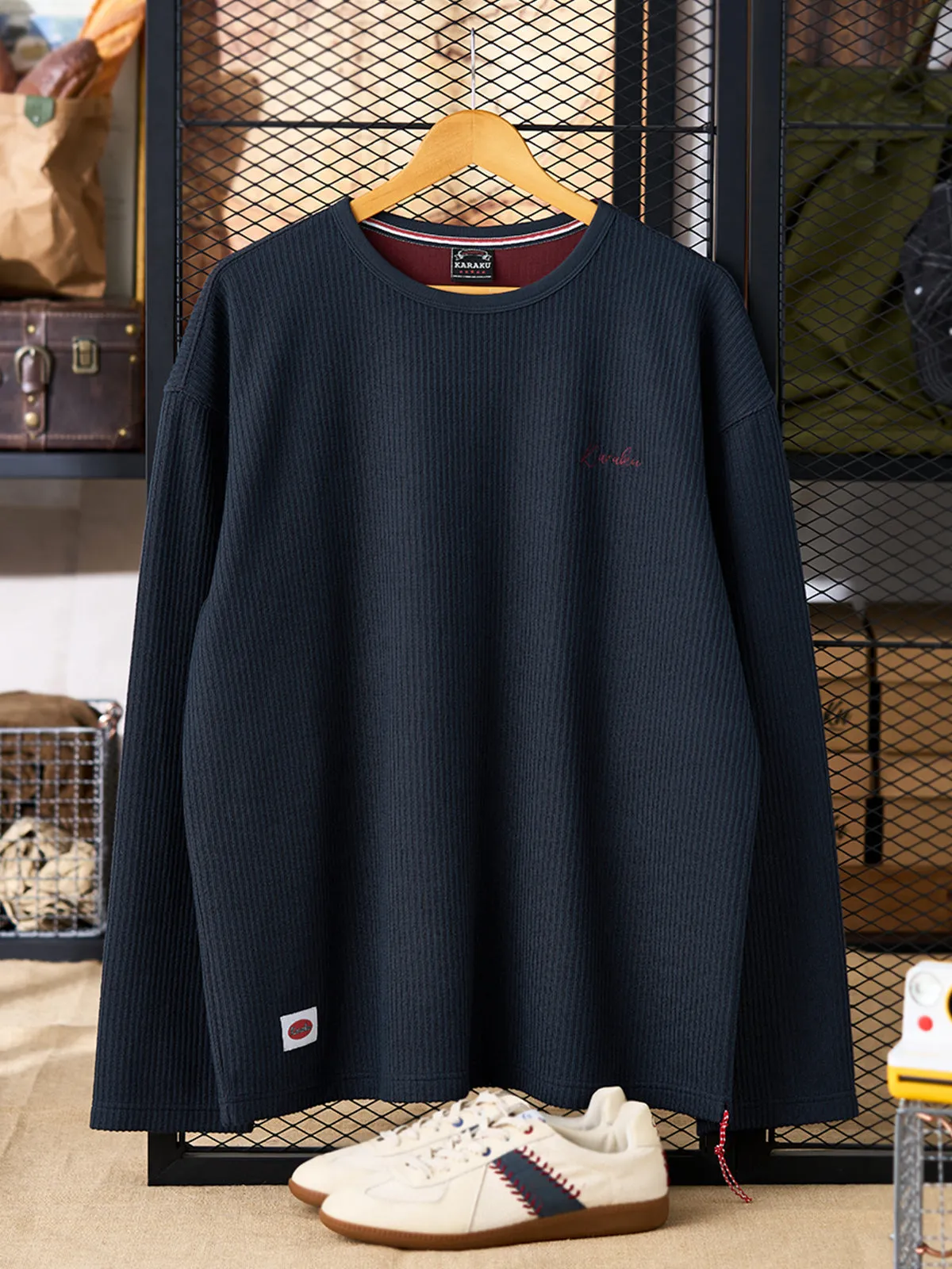 Red Cord Stripe Textured Knit Crew Neck Long Sleeve Tee sold by Karaku product image thumbnail 3