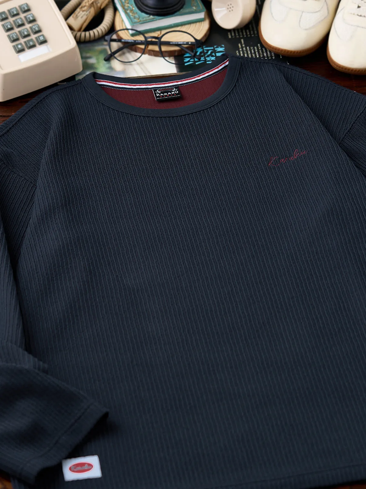 Red Cord Stripe Textured Knit Crew Neck Long Sleeve Tee sold by Karaku product image thumbnail 5