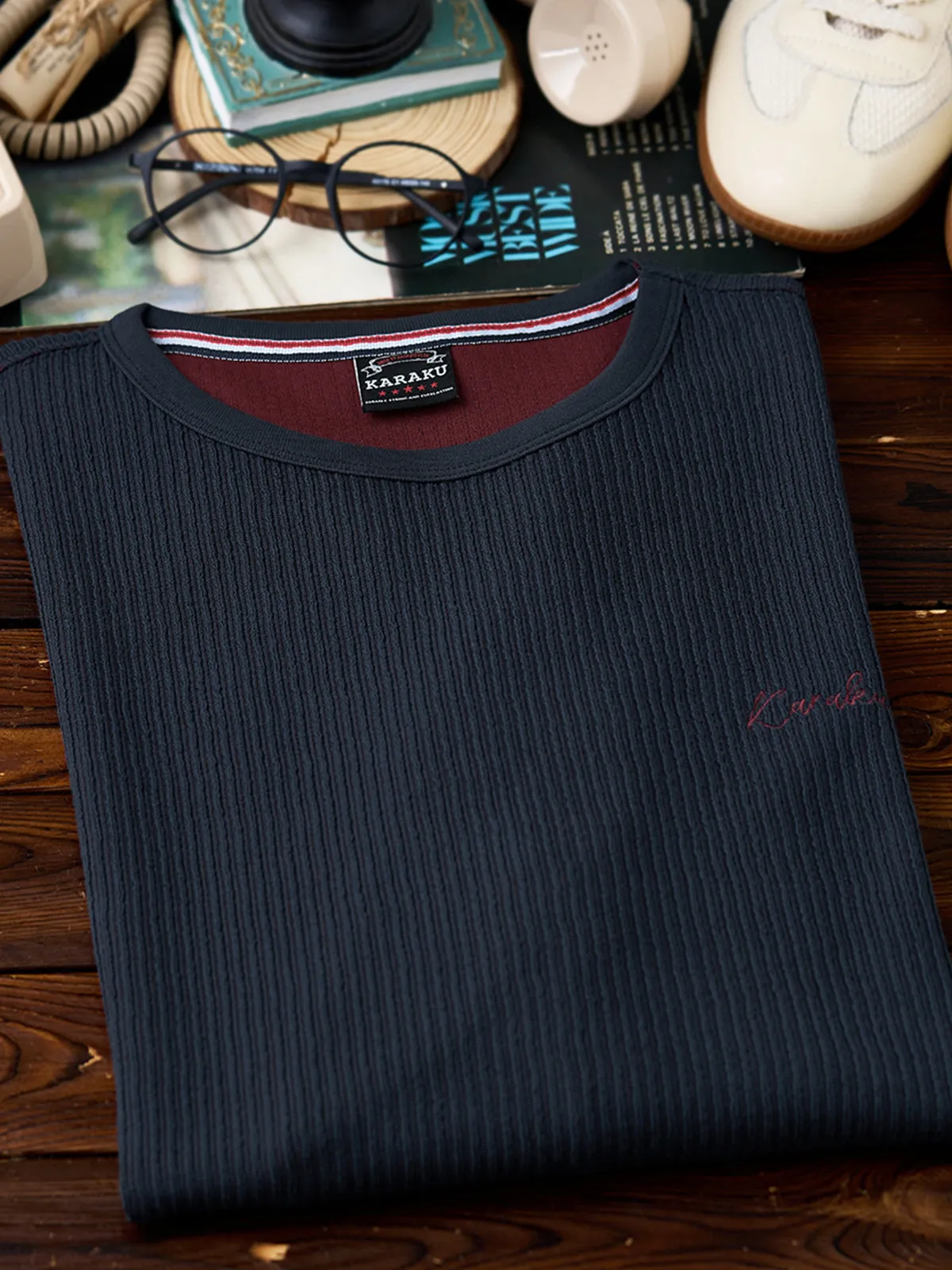 Red Cord Stripe Textured Knit Crew Neck Long Sleeve Tee sold by Karaku product image thumbnail 4