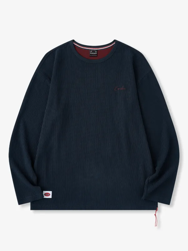 Red Cord Stripe Textured Knit Crew Neck Long Sleeve Tee made by Karaku